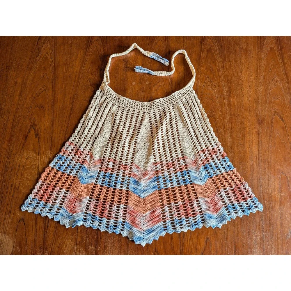 Vintage Crochet Half Apron Mid Century Chevron Coral Blue Cream Scalloped Retro